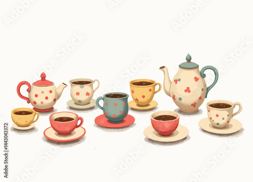 Obraz na płótnie Colorful Teacups and Teapots Illustration w salonie