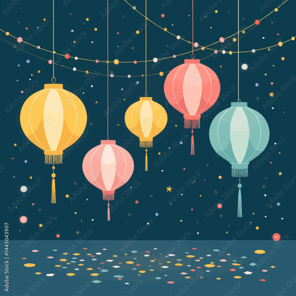 Colorful Lanterns with Confetti and String Lights Illustration