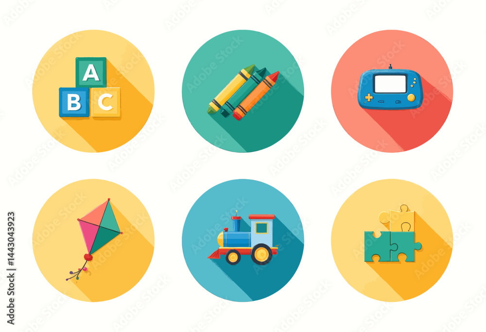 Colorful Flat Design Toy Icons Set