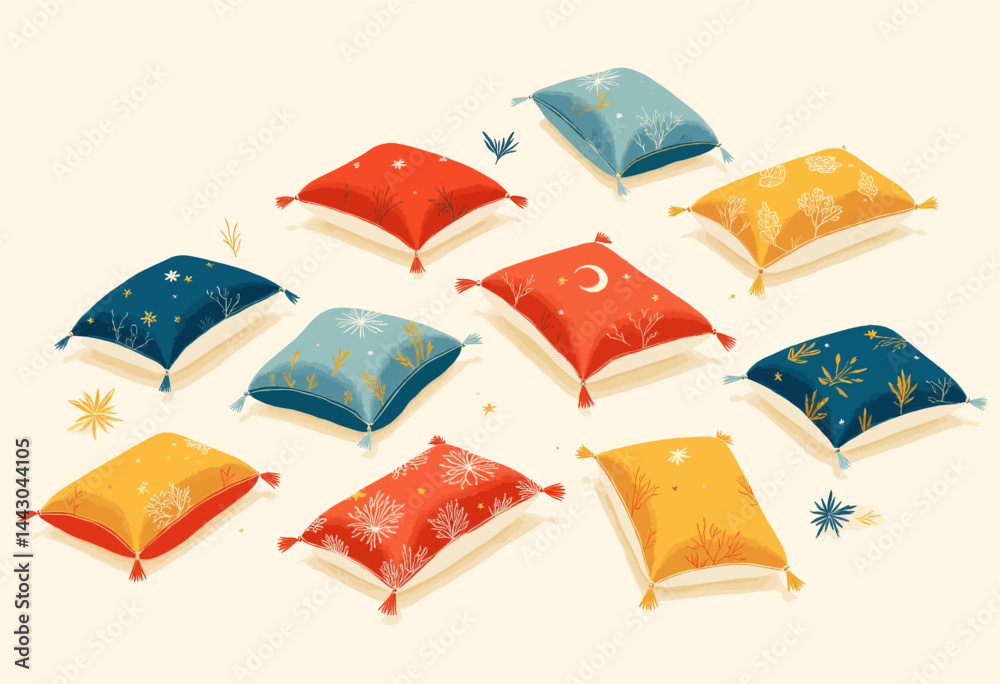 Colorful Decorative Pillows Arranged on Cream Background