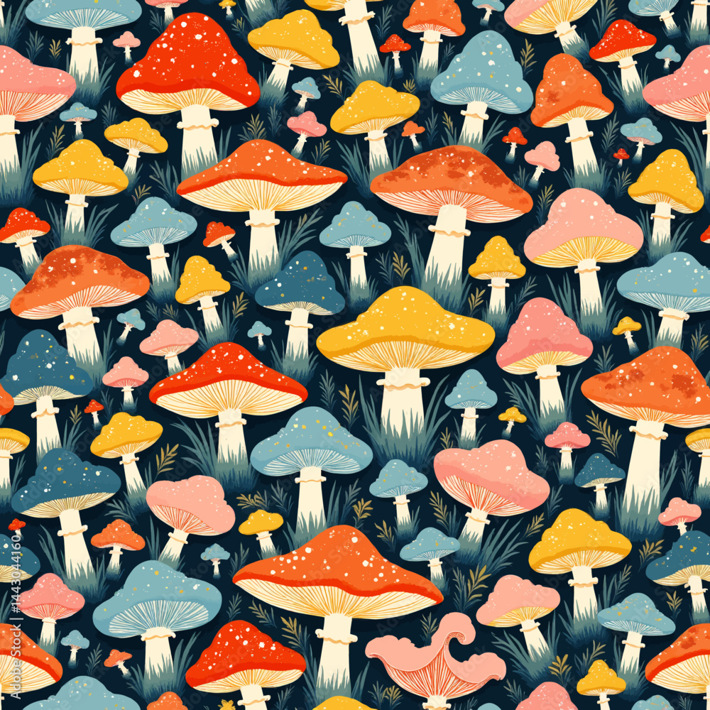 Colorful Mushroom Pattern on Dark Blue Background