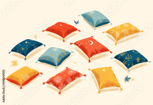 Obraz na płótnie Colorful Decorative Pillows Arranged on Cream Background w salonie