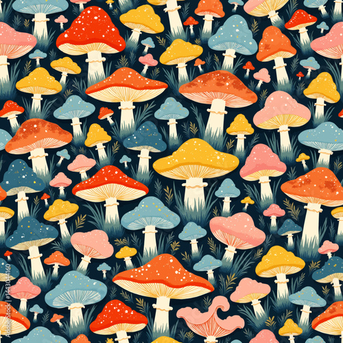 Obraz na płótnie Colorful Mushroom Pattern on Dark Blue Background w salonie