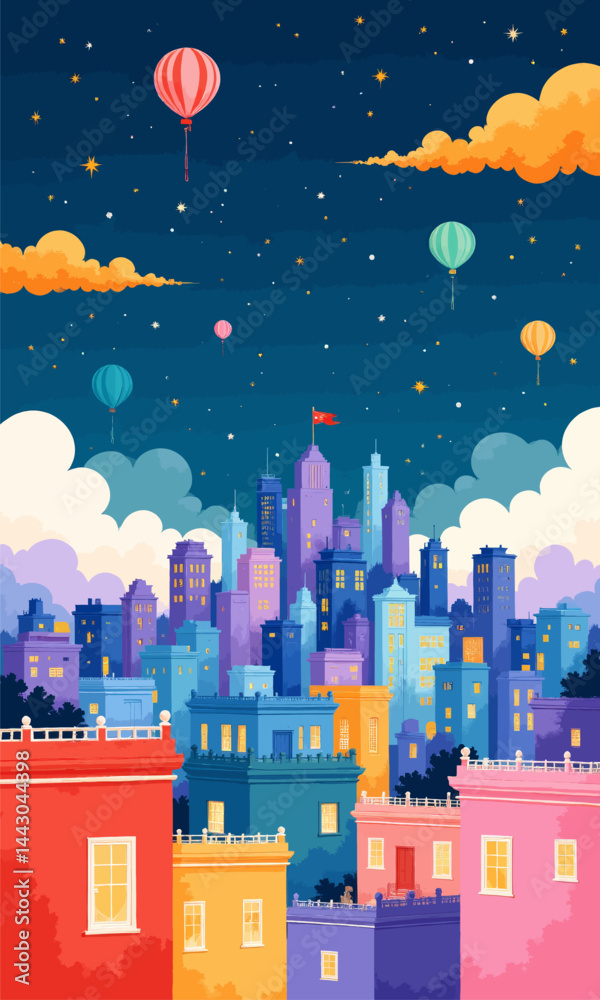 Colorful Cityscape with Balloons and Starry Night Sky