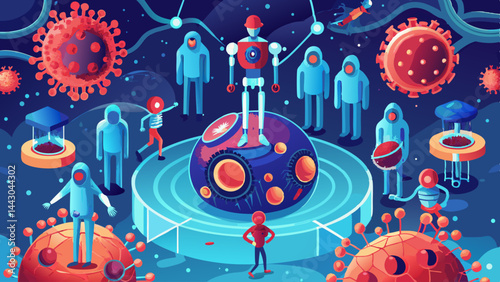 A group of robots are working on a project, with one robot holding a ball. The robots are all different sizes and colors, and they are all focused on their task. Scene is one of teamwork