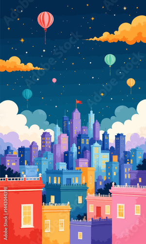 Colorful Cityscape with Balloons and Starry Night Sky