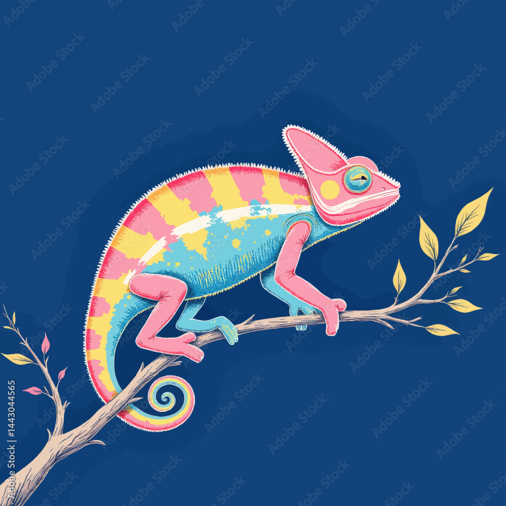Colorful Chameleon on Branch, Dark Blue Background