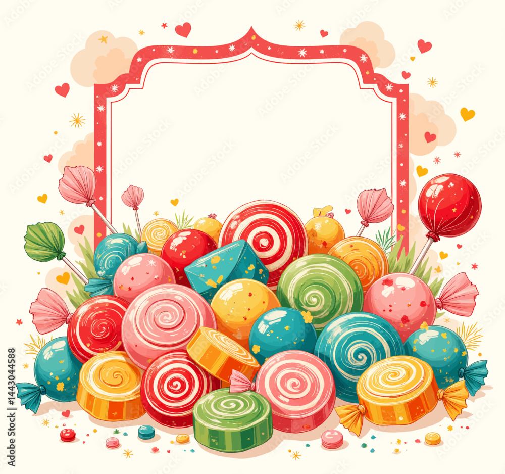 Colorful Candy Pile with Decorative Frame and Hearts