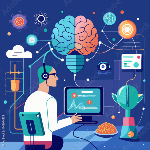 A man is sitting at a desk with a computer and a monitor. He is wearing headphones and he is working on a project. Concept of focus and concentration, as the man is deeply engaged in his work