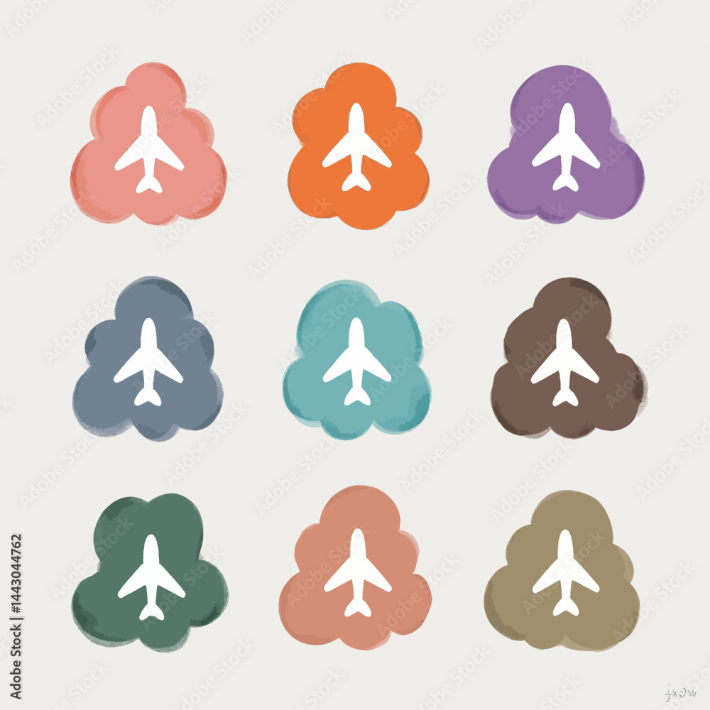 Colorful Airplane Icon Set on Cloud Shapes