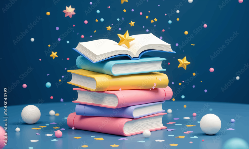 Colorful Books Stack with Star Topper and Confetti