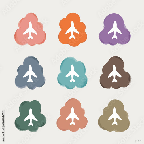 Colorful Airplane Icon Set on Cloud Shapes