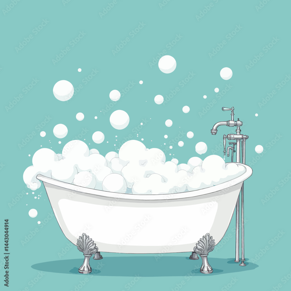 Clawfoot bathtub filled with bubbles on teal background