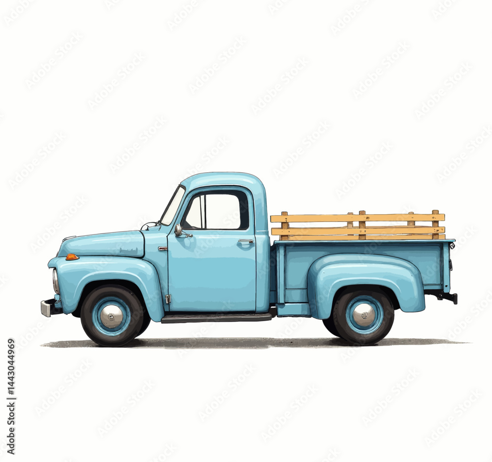 Classic Light Blue Pickup Truck with Wooden Bed Rails