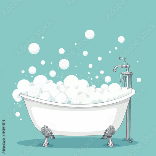 Obraz na płótnie Clawfoot bathtub filled with bubbles on teal background w salonie