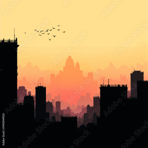 Obraz na płótnie Cityscape silhouette with birds at sunset w salonie