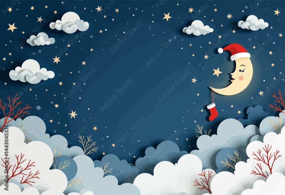 Christmas Moon with Stocking in Starry Night Sky