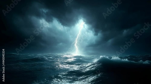 Dramatic ocean scene with a powerful lightning strike illuminating crashing waves under dark and stormy clouds