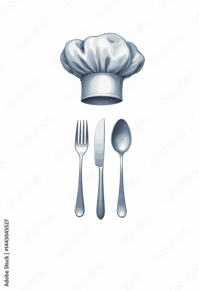 Chef's Hat, Fork, Knife, and Spoon on White