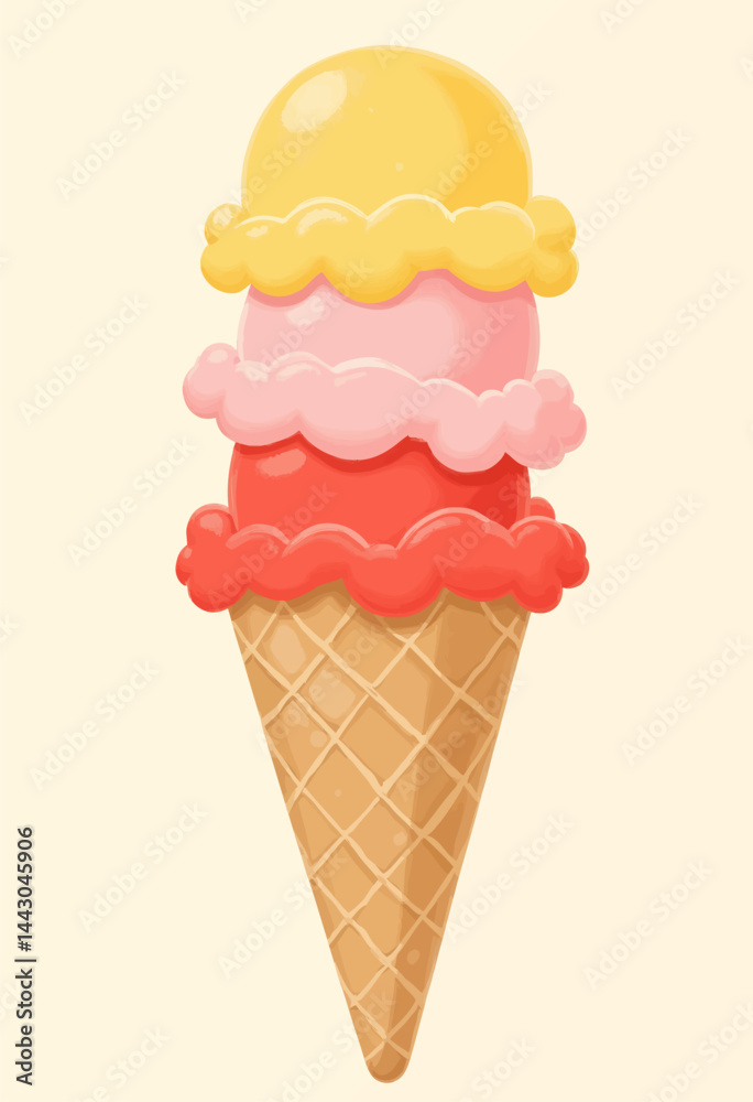 Cartoonish Ice Cream Cone with Three Scoops