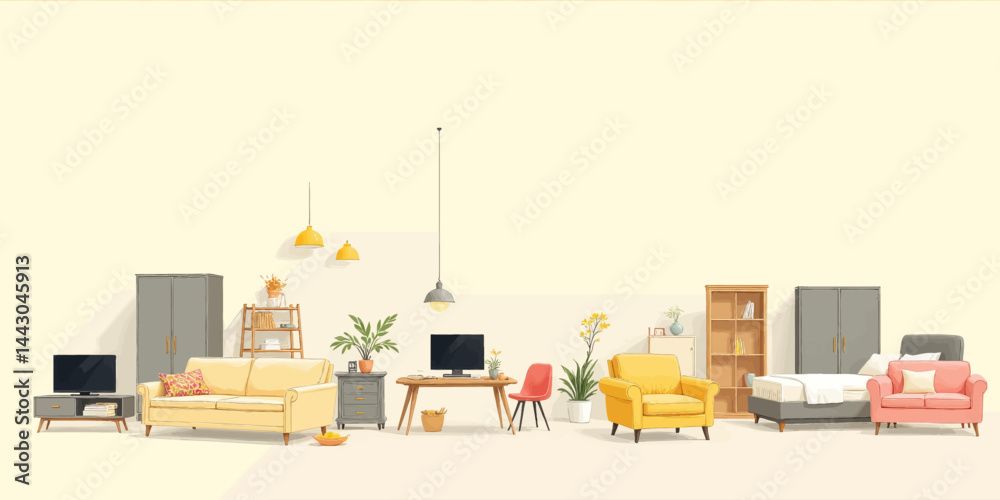 Cartoonish living space with bedroom, desk, and yellow accents