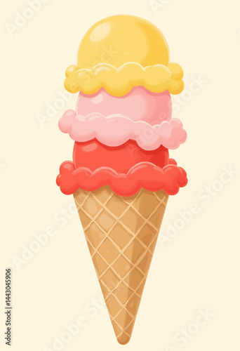 Cartoonish Ice Cream Cone with Three Scoops