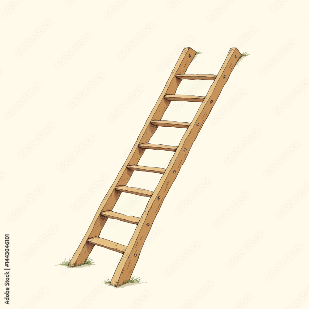 Cartoon wooden ladder with grass at the base and top