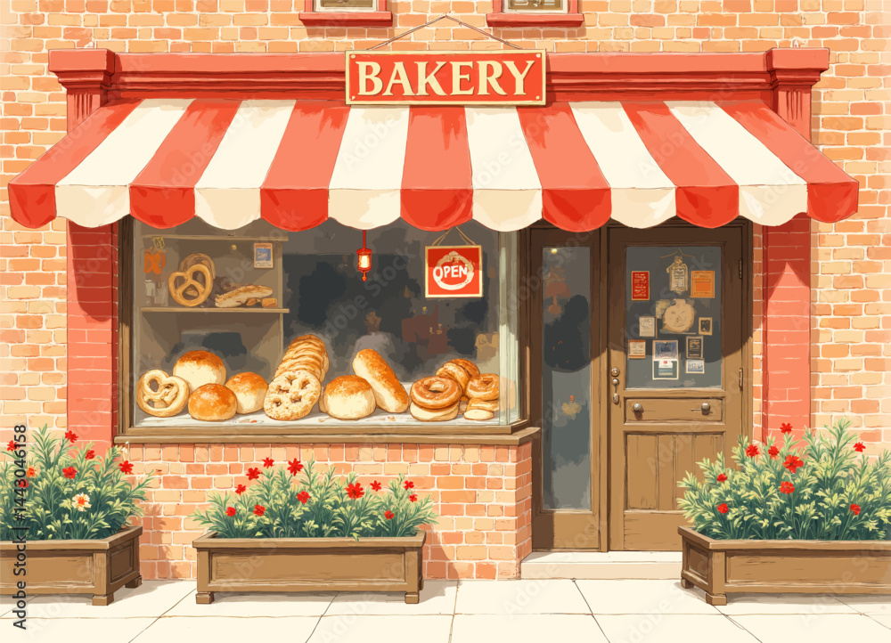 Charming Bakery Front with Red and White Awning