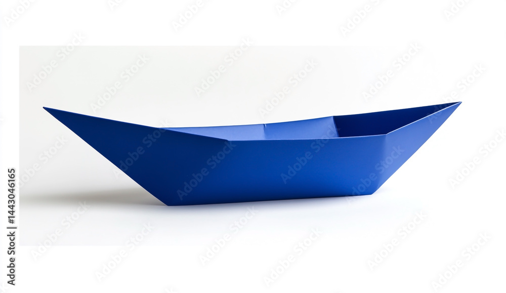 Macro photo of a blue paper boat on a solid white background, isolated object, simple shape, centered composition, dark colors Macro photo of a blue paper boat on a solid white background, isolated object, simple shape, centered composition, dark colors