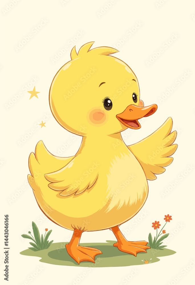 Cartoon Yellow Duckling Walking on Grass with Flowers