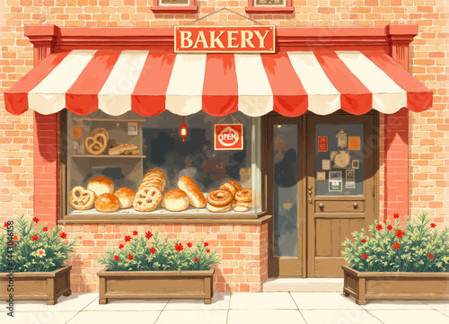 Obraz na płótnie Charming Bakery Front with Red and White Awning w salonie