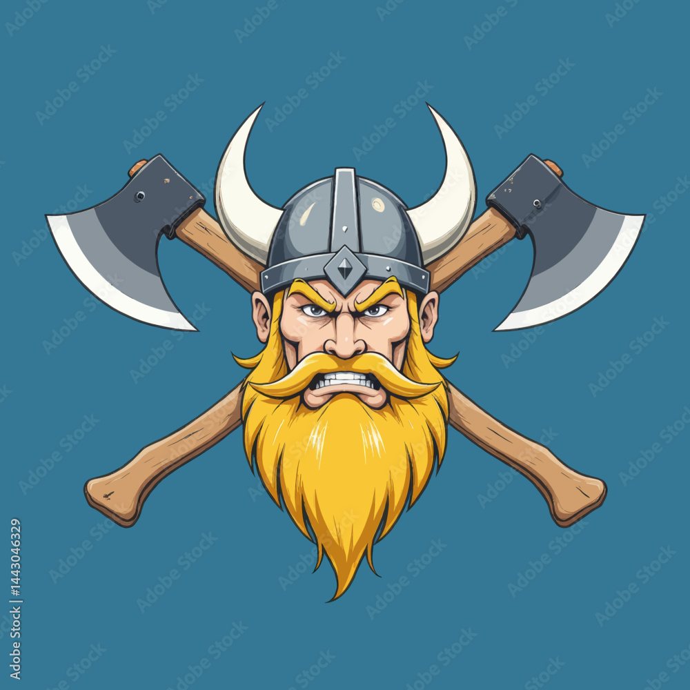 Cartoon Viking Warrior with Axes and Horned Helmet