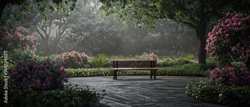 Fototapeta Naklejka Na Ścianę i Meble -  Serene garden vista featuring a wooden bench amidst lush greenery and vibrant pink flowers on a rainy day capturing tranquil nature and peaceful solitude