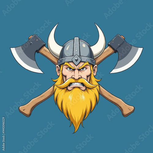 Obraz na płótnie Cartoon Viking Warrior with Axes and Horned Helmet w salonie