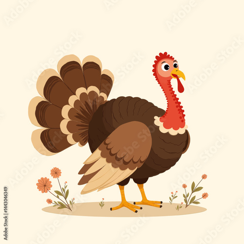 Cartoon Turkey with Flowers for Thanksgiving Day