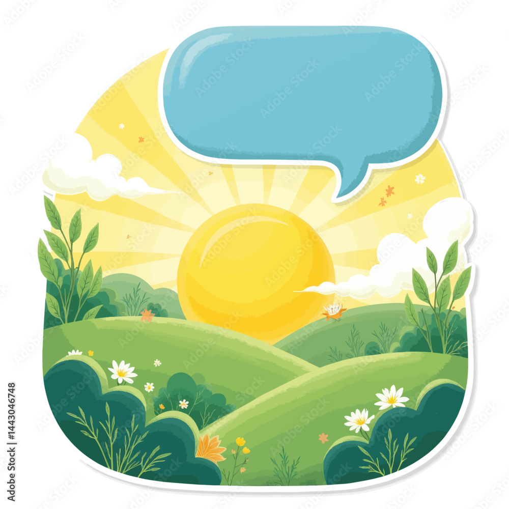 Cartoon Sunrise Landscape with Speech Bubble