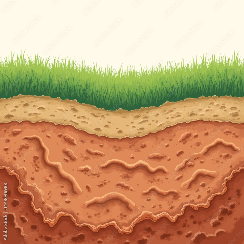 Cartoon soil layers with grass and root system illustration