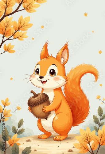 Obraz na płótnie Cartoon Squirrel Holding Acorn with Autumn Leaves w salonie