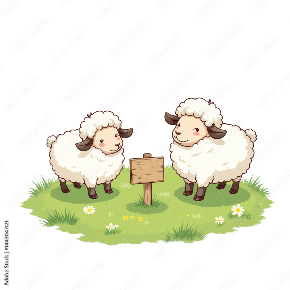 Cartoon sheep with blank wooden sign on grassy field