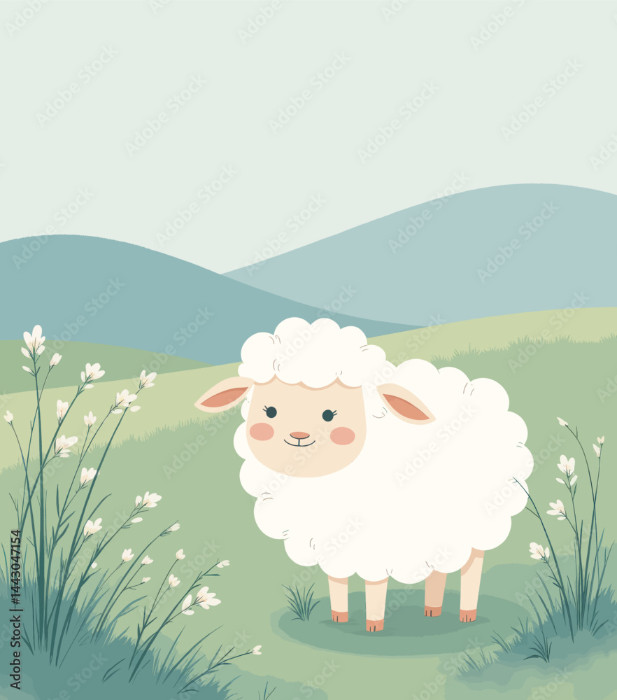 Cartoon Sheep in a Field of Flowers and Rolling Hills