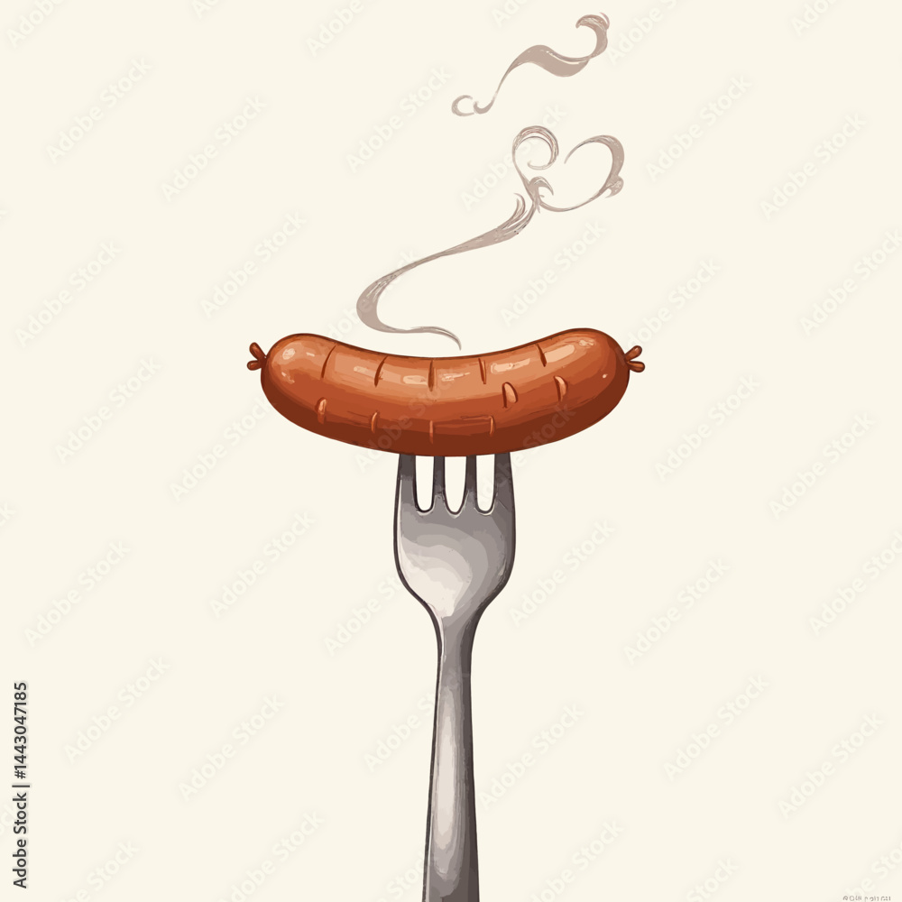 Cartoon Sausage on Fork with Heart-Shaped Steam