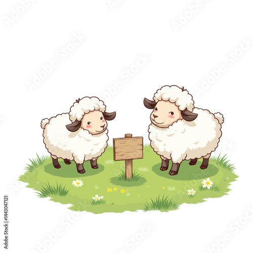 Obraz na płótnie Cartoon sheep with blank wooden sign on grassy field w salonie