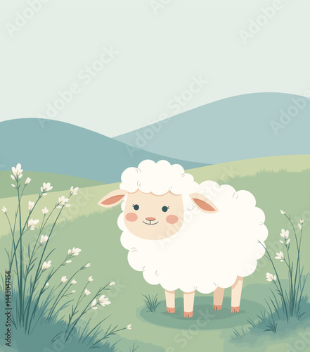 Obraz na płótnie Cartoon Sheep in a Field of Flowers and Rolling Hills w salonie