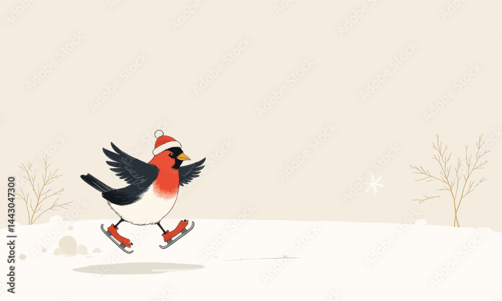 Cartoon Robin Ice Skating in Snow with Santa Hat