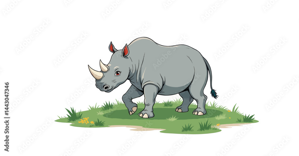 Cartoon Rhinoceros Walking on Grass