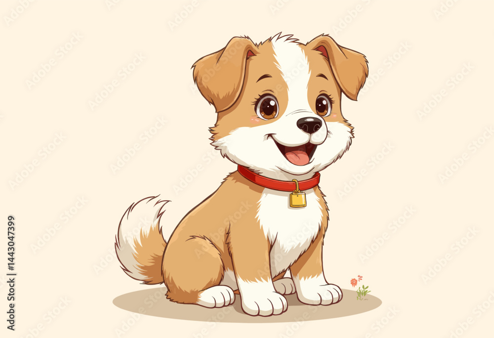 Cartoon Puppy Sitting with Red Collar and Gold Lock