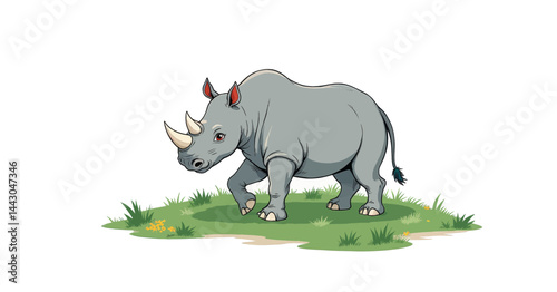 Obraz na płótnie Cartoon Rhinoceros Walking on Grass w salonie