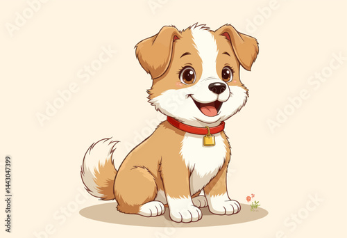 Obraz na płótnie Cartoon Puppy Sitting with Red Collar and Gold Lock w salonie