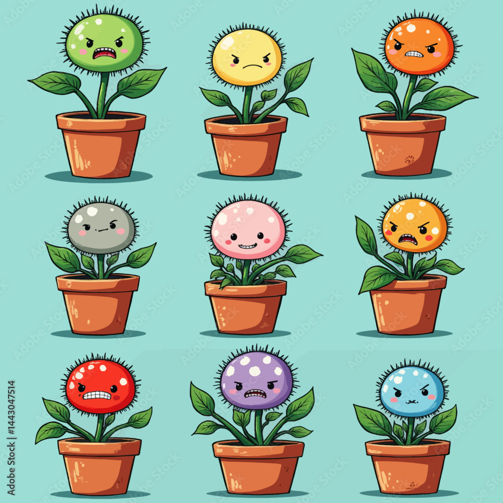 Cartoon Potted Plants with Varied Emotions on Blue