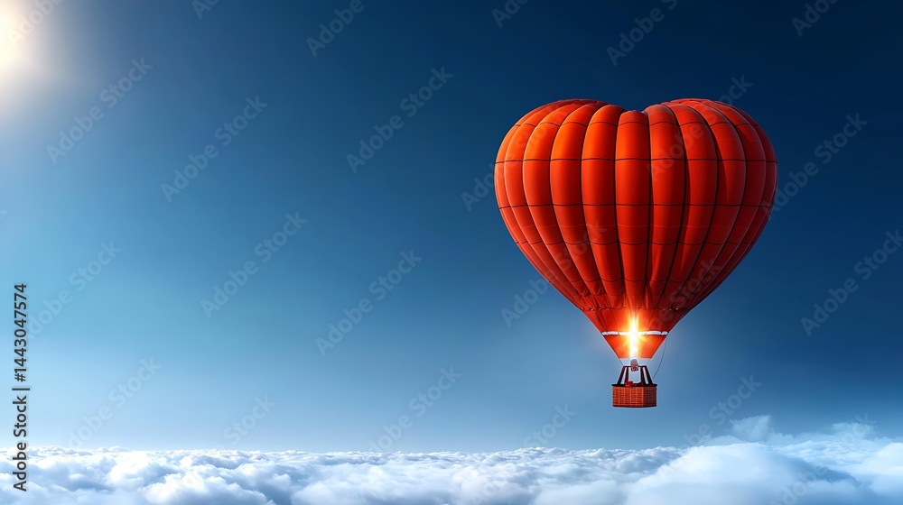 Naklejka premium Heart balloon soars over clouds, beneath sunny sky